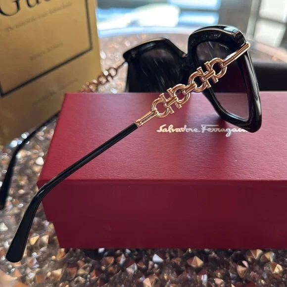 Salvatore Ferragamo Black Square Silver Hardware Sunglasses, New In Box - Picture 2 of 8